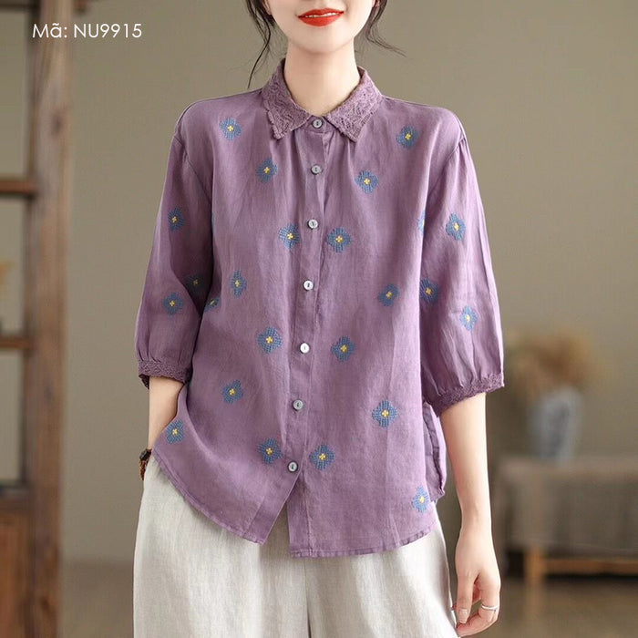 Áo sơ mi linen ngắn tay cổ đức đính ren thêu những bông hoa - NU9915