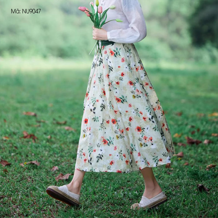 Chân váy linen retro lưng cao in hoa lá hai túi chéo - NU9047