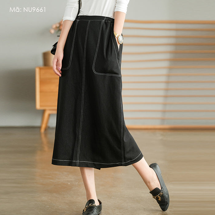 Chân váy denim lưng thun túi vuông chạy chỉ nổi - NU9661
