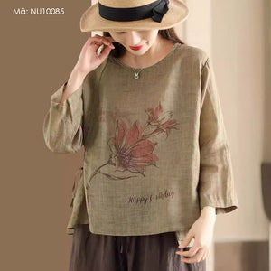 Áo sơ mi linen tay lửng cổ tròn in hoa lá thắt dây - NU10085