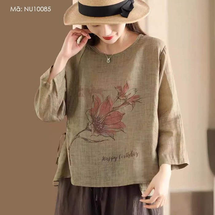 Áo sơ mi linen tay lửng cổ tròn in hoa lá thắt dây - NU10085