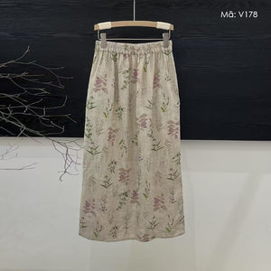 Chân váy linen lưng thun in hoa lá - V178