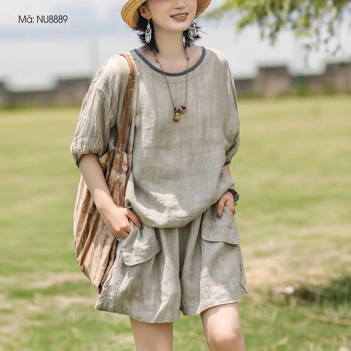 Bộ đồ linen gồm áo T-shirt ngắn tay cổ tròn và quần sooc hai túi - NU8889