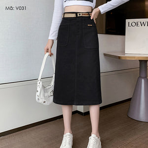 Chân váy retro lưng cao túi vuông kèm thắt lưng - V031