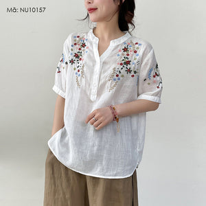 Áo sơ mi linen ngắn tay cổ V thêu hoa lá đối xứng - NU10157