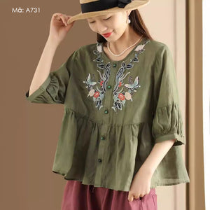 Áo sơ mi linen ngắn tay cổ tròn thêu hoa bướm - A731