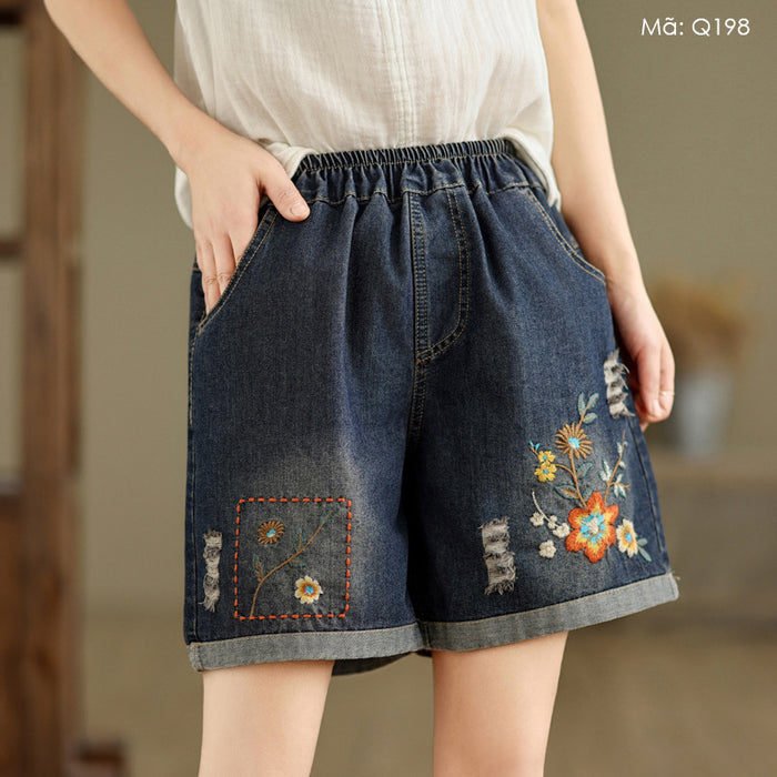 Quần sooc denim lưng thun cạp cao thêu hoa lá - Q198