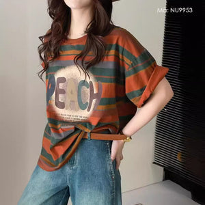 Áo T-shirt Peach ngắn tay cổ tròn kẻ sọc sắc màu - NU9953