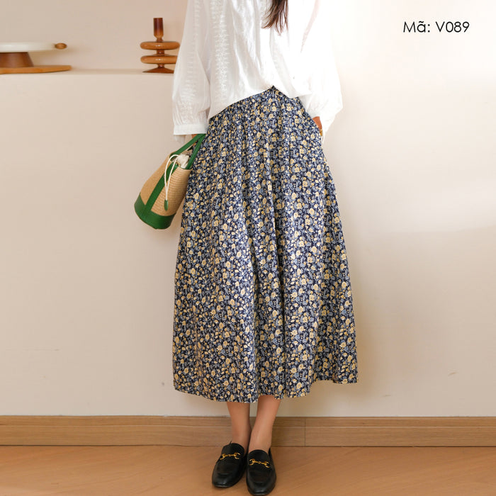 Chân váy linen lưng thun in hoa nhí - V089