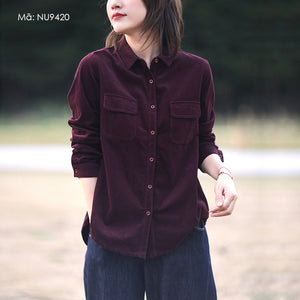 Áo sơ mi nhung dài tay cổ đức hai túi nhỏ - NU9420