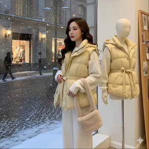 Áo khoác gile lông vũ cổ đứng eo bo thắt dây - A378