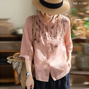 Áo sơ mi linen tay lửng thêu hoa - A1420