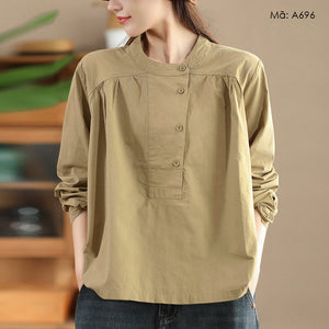 Áo sơ mi linen dài tay bồng cổ đứng  - A696