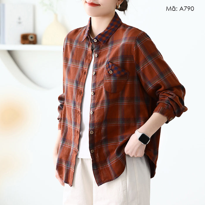 Áo sơ mi dài tay cổ đức kẻ caro túi lệch - A790