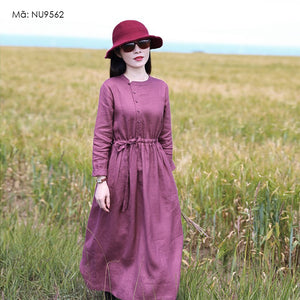 Đầm liền linen dài tay cổ tròn khuy cài lệch - NU9562