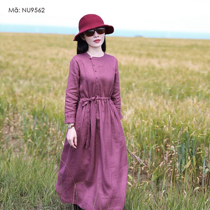 Đầm liền linen dài tay cổ tròn khuy cài lệch - NU9562