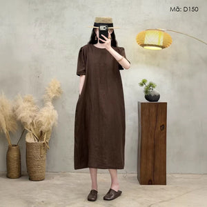 Đầm liền linen ngắn tay đơn sắc - D150