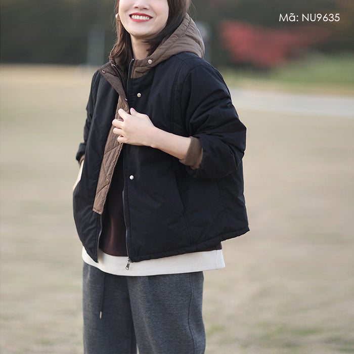 Áo khoác retro dài tay trần bông có mũ phối màu - NU9635
