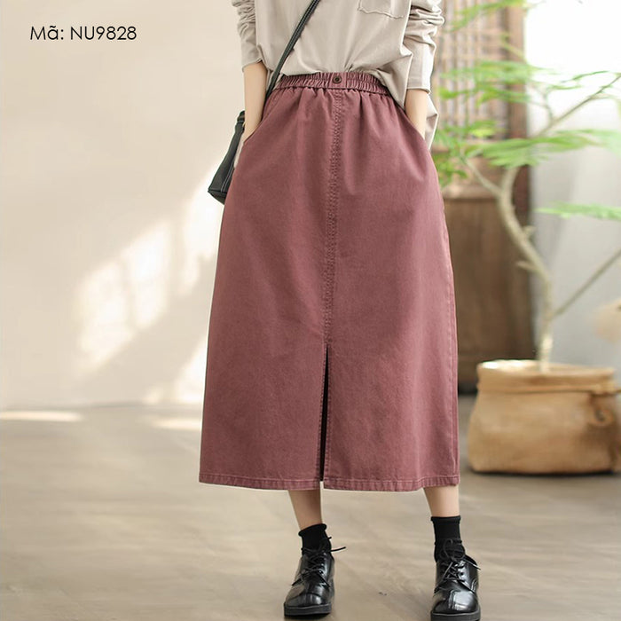 Chân váy retro lưng thun đính khuy hai túi chéo - NU9828