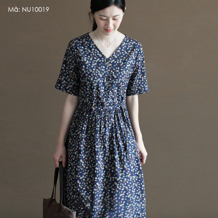 Đầm liền linen ngắn tay cổ V in những chiếc lá sắc màu - NU10019