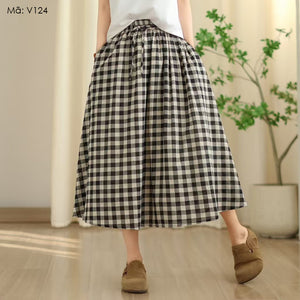 Chân váy linen lưng thun dây rút kẻ caro - V091