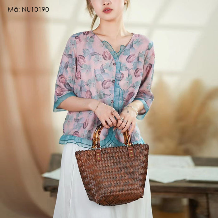 Áo sơ mi linen organza ngắn tay cổ V in hoa văn retro - NU10190