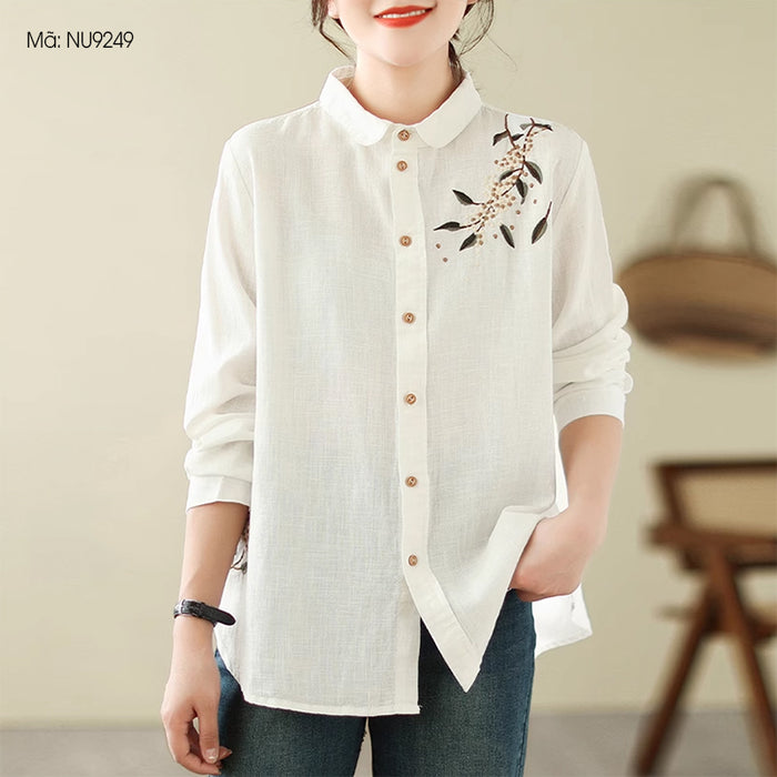 Áo sơ mi linen dài tay cổ pipi thêu nhành hoa - NU9249