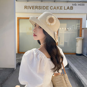 Mũ cói retro đính hoa - M035
