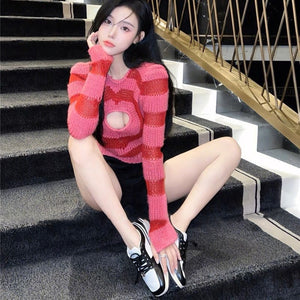 Áo len croptop đan hình tròn dài tay cổ tròn - NU8499