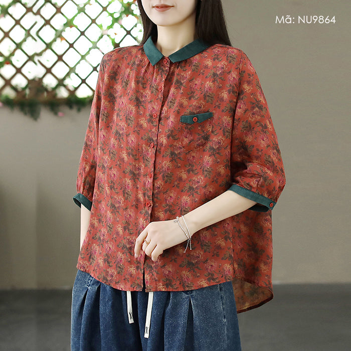 Áo sơ mi linen ngắn tay cổ pipi phối màu in hoa lá - NU9864