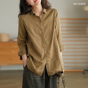 Áo sơ mi linen dài tay cổ đức một màu - NU8690