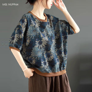 Áo T-shirt linen ngắn tay cổ màu in hoa lá - NU9964