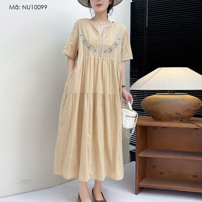 Đầm liền linen ngắn tay cổ tròn thêu hoa lá chấm bi - NU10099