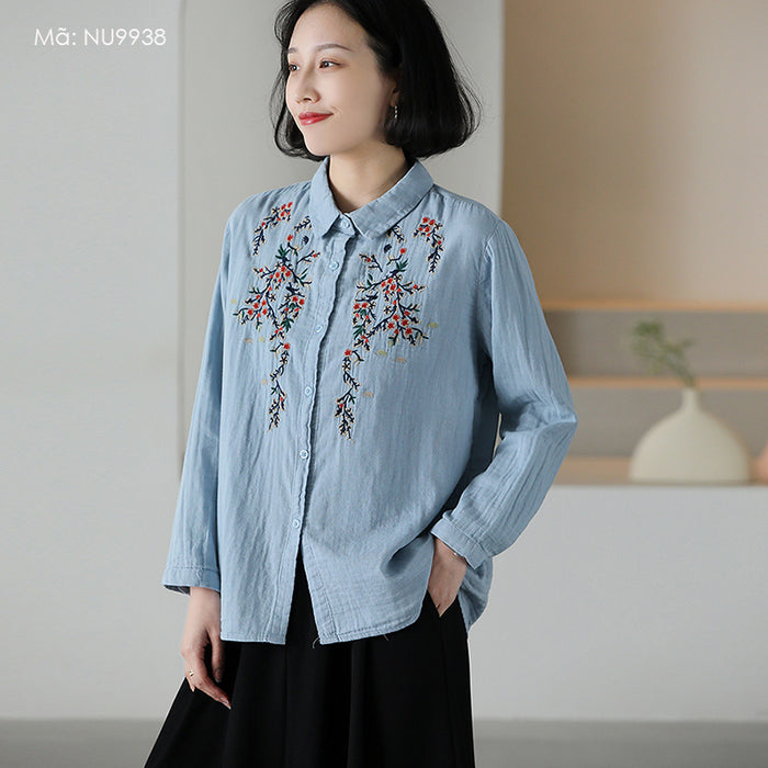Áo sơ mi linen dài tay cổ đức thêu hoa lá đối xứng trước ngực - NU9938