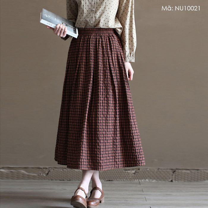 Chân váy linen retro lưng thun kẻ sọc caro - NU10021