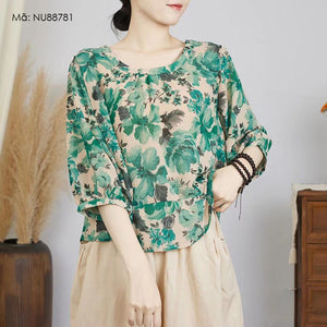 Áo sơ mi linen tay lửng cổ tròn khuy cài sau in hoa văn retro - NU8878
