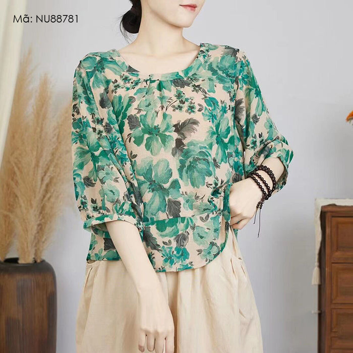 Áo sơ mi linen tay lửng cổ tròn khuy cài sau in hoa văn retro - NU8878