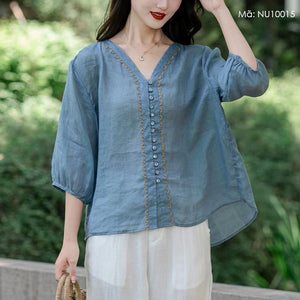 Áo sơ mi linen tay lửng cổ V thêu viền - NU10015