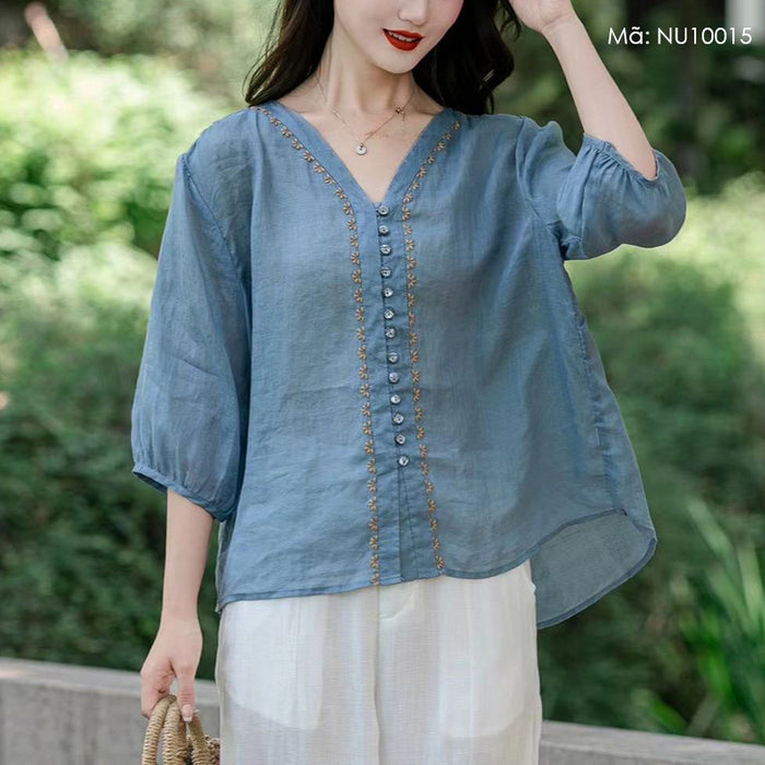 Áo sơ mi linen tay lửng cổ V thêu viền - NU10015