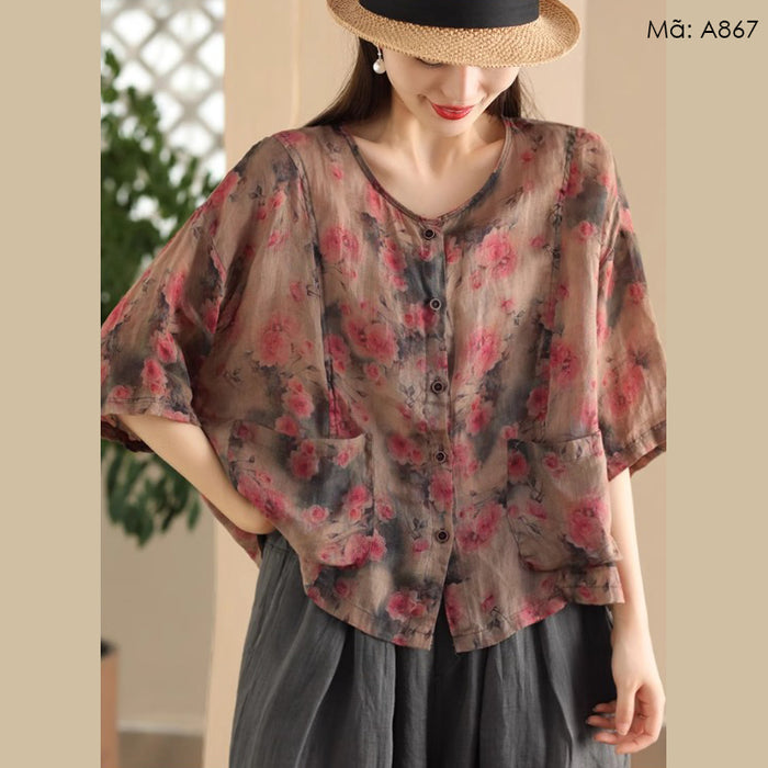 Áo sơ mi linen ngắn tay cổ tròn in hoa lá hai túi vuông - A867