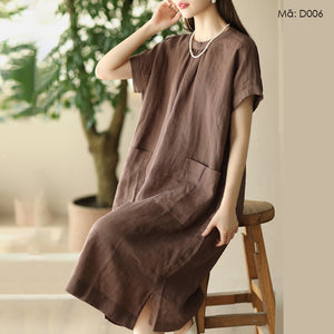 Đầm liền linen ngắn tay cổ tròn khuy cài sau hai túi vuông - D006