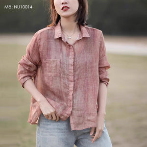 Áo sơ mi linen dài tay cổ đức che khuy - NU10014