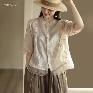 Áo sơ mi organza ngắn tay cổ tròn thêu hoa lá - A010
