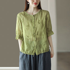 Áo sơ mi linen ngắn tay cổ tròn thêu hoa lá đồng màu - NU9850