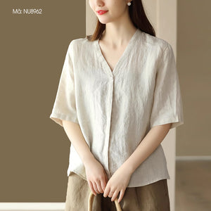 Áo sơ mi linen đơn sắc ngắn tay cổ V kiểu giấu khuy - NU8961