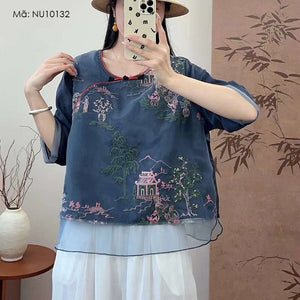 Áo sơ mi linen ngắn tay cổ tàu thêu phong cảnh - NU10131