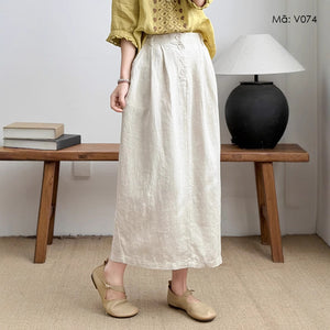 Chân váy linen lưng thun hai túi sau khuy cài - V073