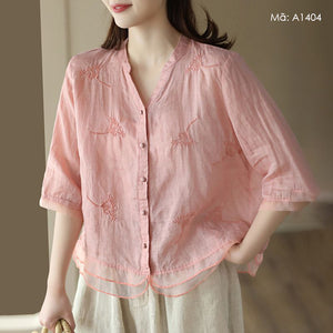 Áo sơ mi linen ngắn tay thêu hoa - A1403