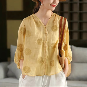 Áo sơ mi linen tay lửng cổ V thêu hoa văn đồng màu - A928