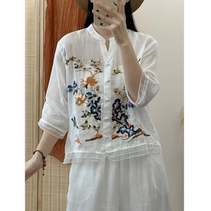 Áo sơ mi linen ngắn tay cổ tròn chữ V thêu hoa lá - NU8831
